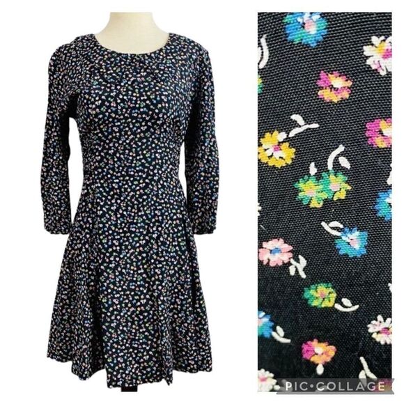 VTG 80s SL Petite Dagger Collar Navy Floral Tie Back Mini Dress Long Sleeves - Picture 1 of 13